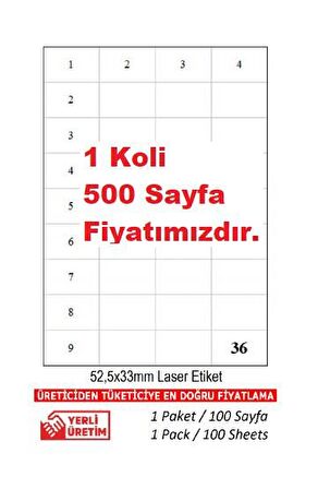 A1-2035 500 A4 Sayfa 52.5 x 33 mm Lazer Etiket 1 A4 Sayfada 36 Etiket