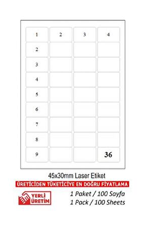 A1-2036 Ebat 45 x 30 mm Lazer Etiket  A4 Sayfada 36 Etiket