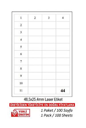 A1-2044 100 A4 Sayfa Lazer Etiket 48.5 x 25.40 mm Lazer Etiket A4 Sayfada 44 Etiket