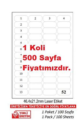 A1-2052 100 A4 Sayfa Lazer Etiket 46 x 21 mm Lazer Etiket A4 Sayfada 52 Etiket