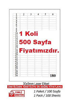 A1-2060 500 A4 Sayfa Lazer Etiket 30 x 9 mm   A4 Sayfada  180 Etiket