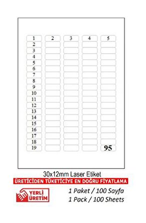 A1-2095 Ebat 30 x 12 mm Laser Etiket  A4 Sayfada 95 Etiket