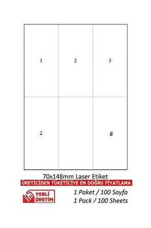 A1-2106 100 A4 Sayfa Lazer Etiket  70 x 148.5 mm 1 A4 Sayfada 6 Etiket