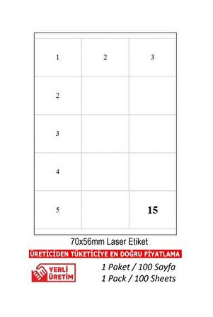 BK-2115 100 A4 Sayfa Lazer Etiket  70 x 56 mm A4 Sayfada 15 Etiket