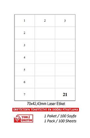 BK-2124 Ebat 70 x 42.43 mm Lazer Etiket  A4 Sayfada 21 Etiket