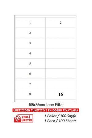 A1Etiket Tw-2216 500 A4 Sayfa Lazer Etiket 105 x 35 mm Etiket 1 A4 Sayfada 16 Etiket