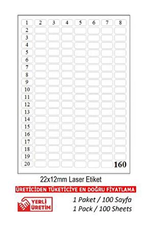 A1 Etiket Tw-2280 100 A4 Sayfa Lazer Etiket 22 x 12 mm A4 Sayfada 160 Etiket