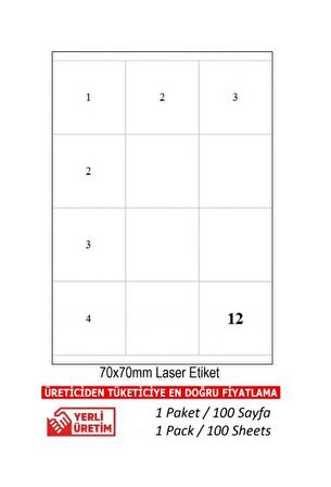 A1 Etiket Tw-2312 500 A4 Sayfa  Lazer Etiket 70 x 70 mm 1 A4 Sayfada 12 Etiket