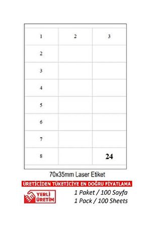 A1 Etiket Tw-2324 100 A4 Sayfa Lazer Etiket 70 x 35 mm A4 Sayfada 24 Etiket