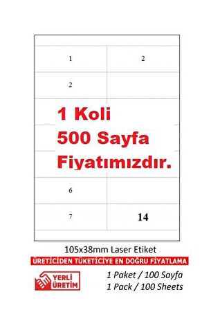 A1Etiket Tw-2514 500 A4 Sayfa Lazer Etiket  105 x 38 mm 1 A4 Sayfada 14 Etiket