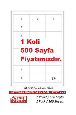 A1 Etiket Tw-2533 500 A4 Sayfa  Lazer Etiket  64,6 x 33,8 mm 1 A4 Sayfada 24 Etiket