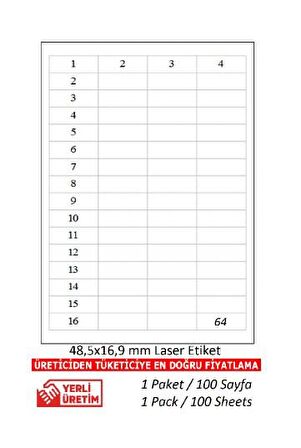 A1 Etiket Tw-2564 100 A4 Sayfa Lazer Etiket  48,5 x 16,9 mm 1 A4 Sayfada 64 Eti