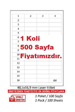 A1 Etiket Tw-2564 500 A4 Sayfa Lazer Etiket  48,5 x 16,9 mm 1 A4 Sayfada 64 Eti