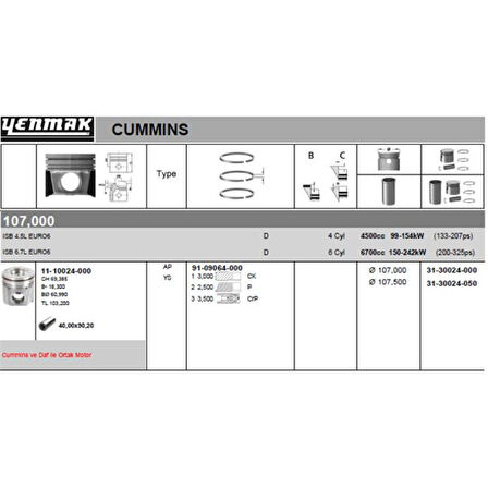 Daf Truck Piston + Segman Komple 107.00mm Std Daf Cf - Lf 13> / İsb-Px5-Px7 - Yenmak 31-30024-000