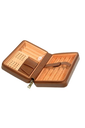 Cohiba Dahili Çakmak Kahverengi Deri Puro Taşıma Çantası & Seyahat Humidoru - TR9767
