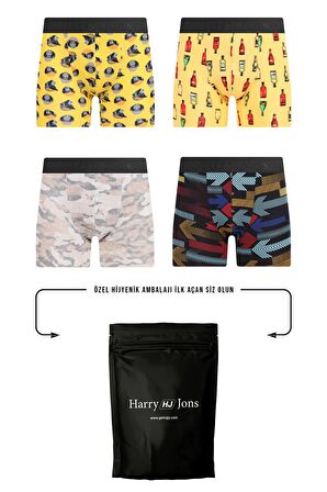 Erkek Desenli Renkli Pamuklu Boxer 4'lü Paket 