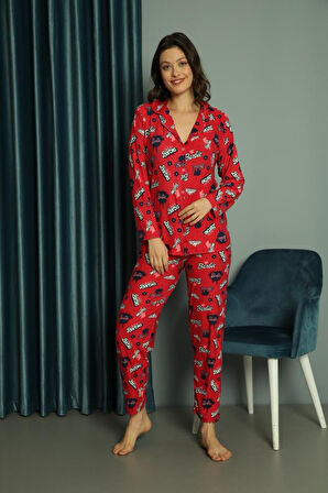 Kadın Barbie Desenli Düğmeli Uzun Kollu Pijama Takımı