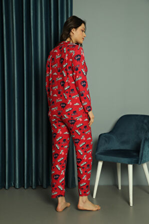 Kadın Barbie Desenli Düğmeli Uzun Kollu Pijama Takımı