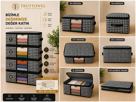 TRUYTOWEL 4'lü Fermuarlı Kazak Hurcu 65x45x22 cm Dolap Düzenleyici Giysi Saklama Hurcu Çok Amaçlı Organizer