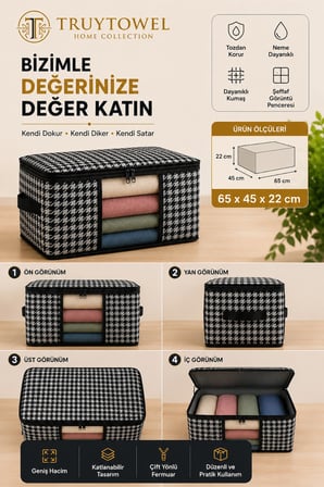 TRUYTOWEL 4'lü Fermuarlı Kazak Hurcu 65x45x22 cm Dolap Düzenleyici Giysi Saklama Hurcu Çok Amaçlı Organizer