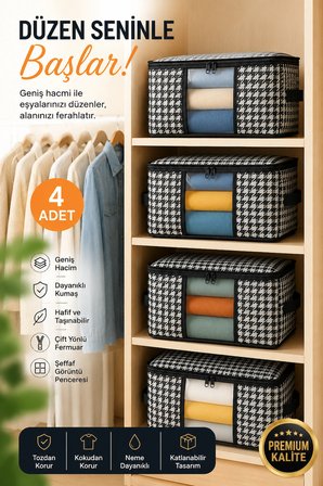 TRUYTOWEL 4'lü Fermuarlı Kazak Hurcu 65x45x22 cm Dolap Düzenleyici Giysi Saklama Hurcu Çok Amaçlı Organizer