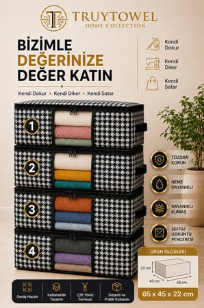 TRUYTOWEL 4'lü Fermuarlı Kazak Hurcu 65x45x22 cm Dolap Düzenleyici Giysi Saklama Hurcu Çok Amaçlı Organizer