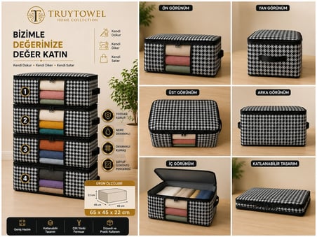 TRUYTOWEL 4'lü Fermuarlı Kazak Hurcu 65x45x22 cm Dolap Düzenleyici Giysi Saklama Hurcu Çok Amaçlı Organizer
