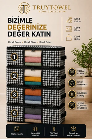 TRUYTOWEL 4'lü Fermuarlı Kazak Hurcu 65x45x22 cm Dolap Düzenleyici Giysi Saklama Hurcu Çok Amaçlı Organizer
