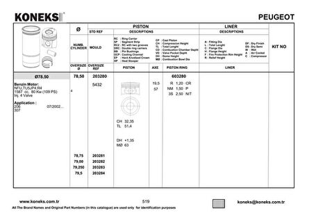 Psa Motor Segmanı Partner P307 P206 P207 Berlingo C2 C3 C4 1,6i 16v Tu5jp4 Euro 3 (78,50mm) / (std) Olcu - Koneks 603280