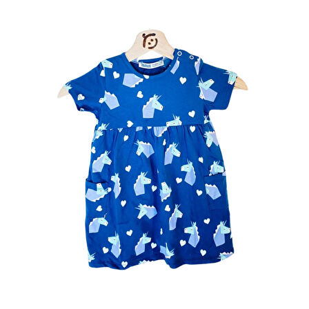 Kız Çocuk Elbise Dijital Baskılı Penye Mavi Renkli Yandan Torba Cepli