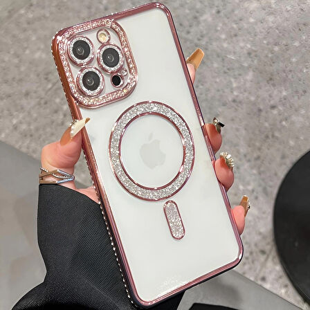 Iphone 14 ProMax Uyumlu Şeffaf Taşlı MagSafe Özellikli Kılıf