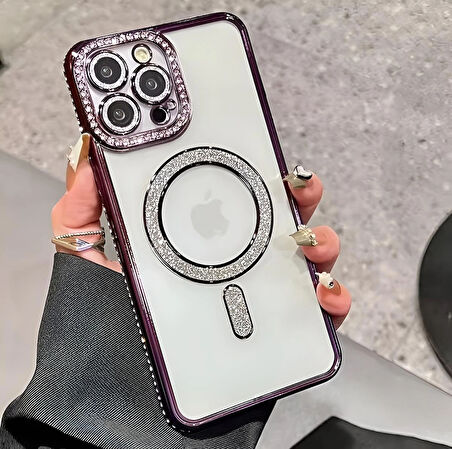 Iphone 14 ProMax Uyumlu Şeffaf Taşlı MagSafe Özellikli Kılıf