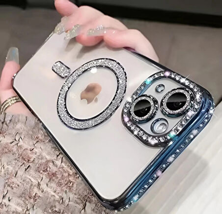 Iphone 14 ProMax Uyumlu Şeffaf Taşlı MagSafe Özellikli Kılıf