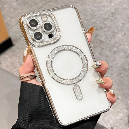 Iphone 15 Pro Uyumlu Şeffaf Taşlı MagSafe Özellikli Kılıf