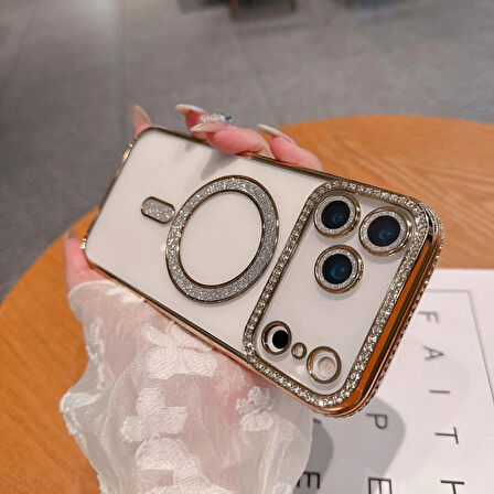 Iphone 17 Pro Uyumlu Şeffaf Taşlı MagSafe Özellikli Kılıf