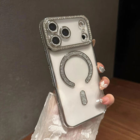Iphone 17 ProMax Uyumlu Şeffaf Taşlı MagSafe Özellikli Kılıf