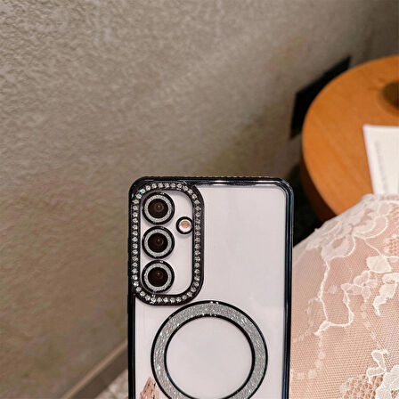 Samsung S25 FE Uyumlu Şeffaf Taşlı MagSafe Özellikli Kılıf