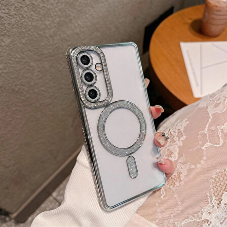 Samsung Galaxy A17 Uyumlu Şeffaf Taşlı MagSafe Özellikli Kılıf