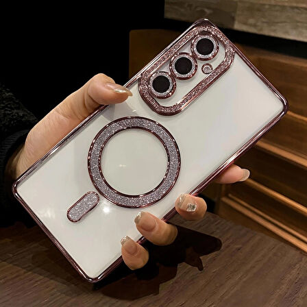 Samsung Galaxy A17 Uyumlu Şeffaf Taşlı MagSafe Özellikli Kılıf