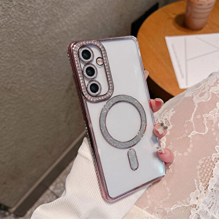 Samsung Galaxy A17 Uyumlu Şeffaf Taşlı MagSafe Özellikli Kılıf