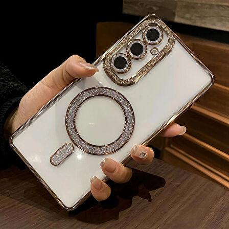 Samsung Galaxy A17 Uyumlu Şeffaf Taşlı MagSafe Özellikli Kılıf