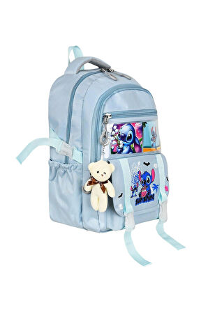 Stitch Baskılı Ortopedik Aksesuarlı Anahtarlıklı Okul Çantası Termal Beslenme Ve Kalemlikli Set