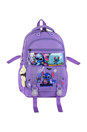 Stitch Baskılı Ortopedik Aksesuarlı Anahtarlıklı Okul Çantası Termal Beslenme Ve Kalemlikli Set