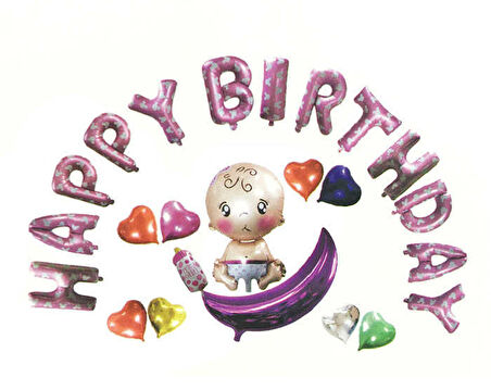 Folyo Balon Happy Birthday Pembe ( 24 lu set )