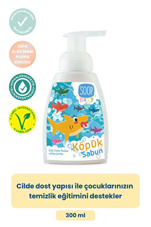 SOOP Bebek Shark  Köpük Sabun Pudra Kokulu 300 ML | Vegan Hipoalerjenik | Eğlenceli Köpük Form -