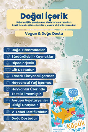 SOOP Bebek Shark  Köpük Sabun Pudra Kokulu 300 ML | Vegan Hipoalerjenik | Eğlenceli Köpük Form -