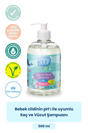 SOOP Bebek Saç Ve Vücut Şampuanı 2 x 500 ml |Vegan Ve Hipoalerjenik Pudra Kokulu|Göz Yakmaz |Doğal ve Nazik