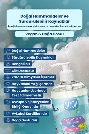 SOOP Bebek Saç Ve Vücut Şampuanı 4 x 500 ml |Vegan Ve Hipoalerjenik Pudra Kokulu|Göz Yakmaz |Doğal ve Nazik 