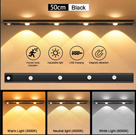 SİYAH RENK 4 LED 50 CM HAREKET SENSÖRLÜ LED IŞIK TEZGAH ALTI OFİS EV LED LAMBA