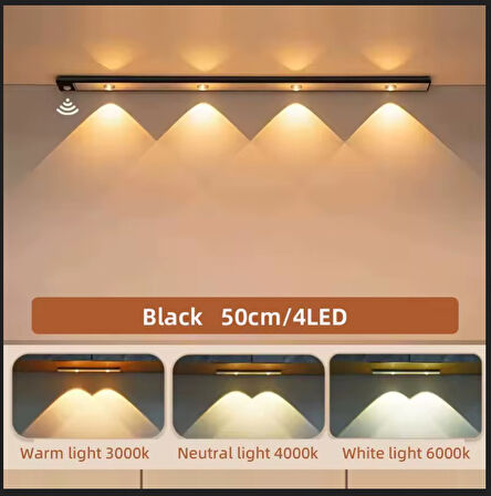 SİYAH RENK 4 LED 50 CM HAREKET SENSÖRLÜ LED IŞIK TEZGAH ALTI OFİS EV LED LAMBA